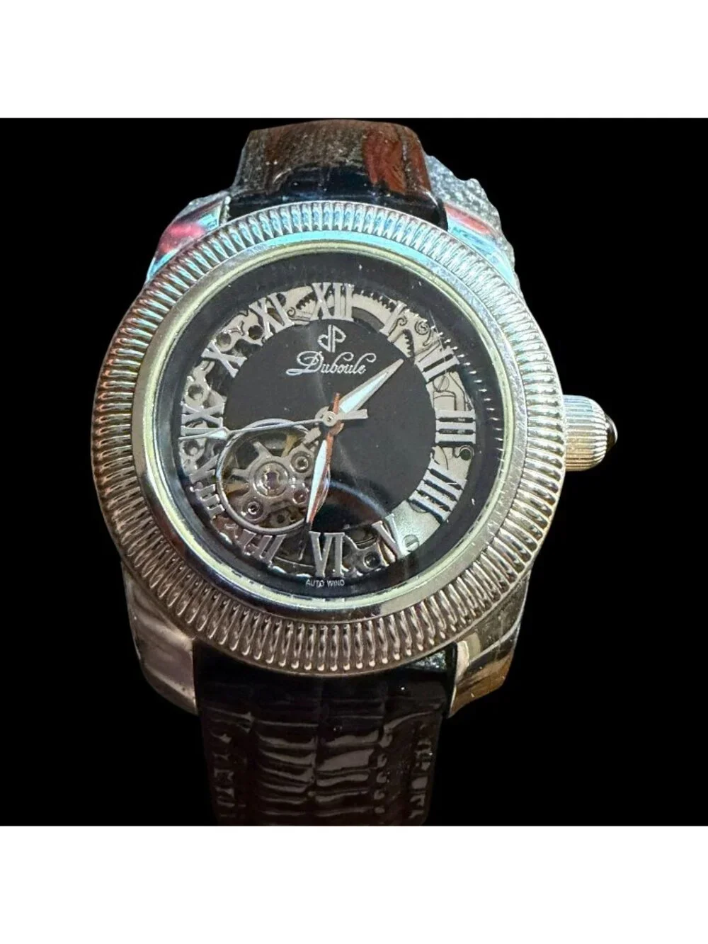 Luxury Duboule Automatic Skeleton Watch With Black Roman Dial & Leather Strap
